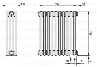 Схема (чертеж) Радиатор Zehnder Charleston 4075/10 №5510 Белый глянцевый RAL 9016